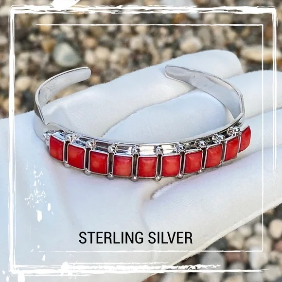 Red Coral Row Sterling Silver Cuff Bracelet - Picture 1 of 11